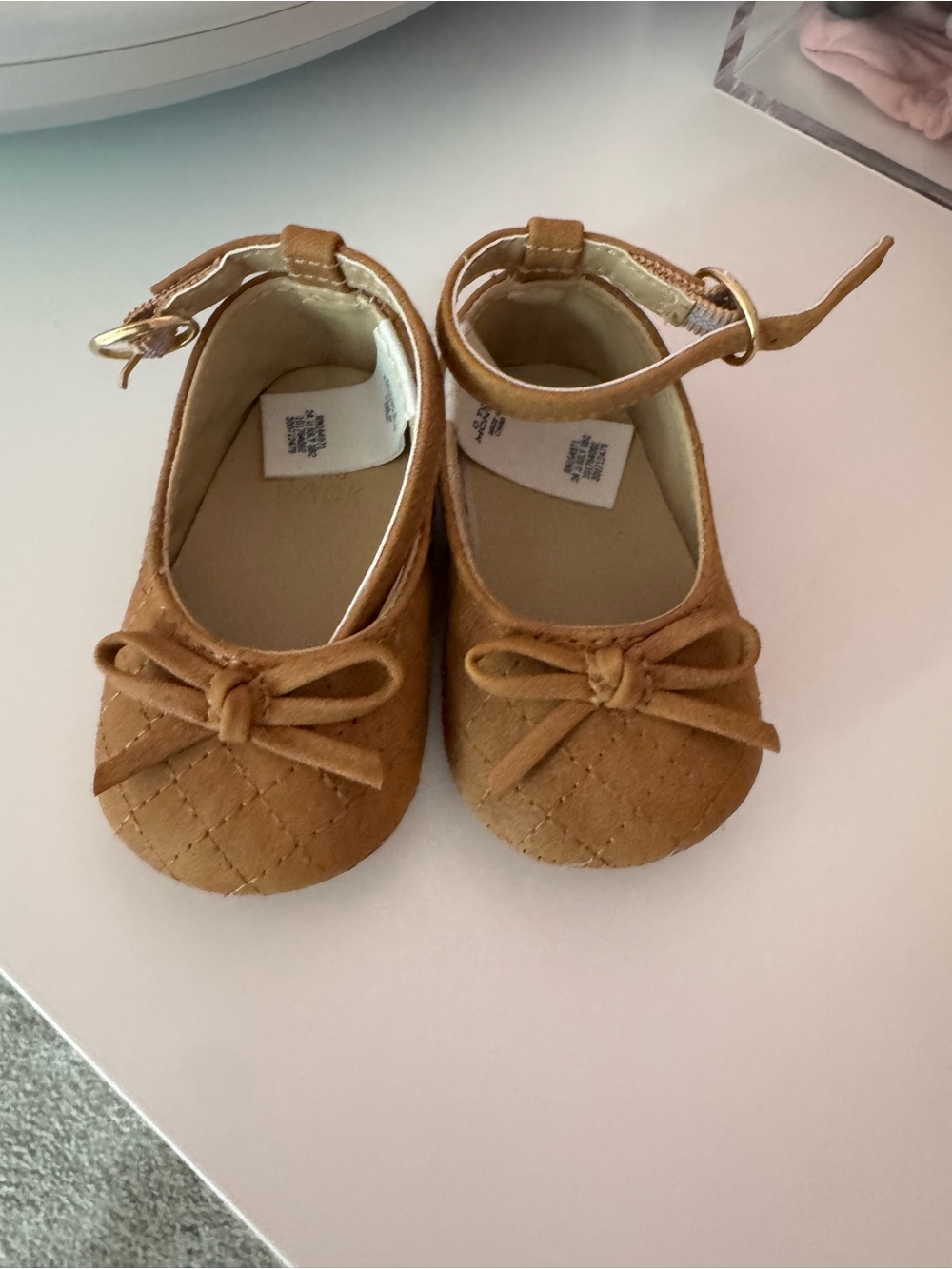 Janie and Jack Tan Quilted Bow Ankle-Strap Mary Janes